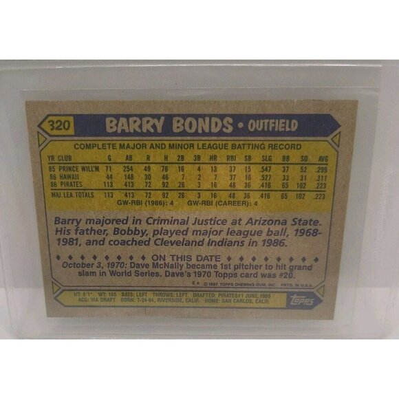 1987 Topps - #320 Barry Bonds MINT ERROR ON CARD CUT OFF #3 AND PARTIAL #0 - Picture 3 of 15
